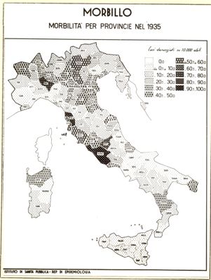 Cartogramma riguardante la morbilità per morbillo, divisa per province nel 1935