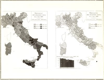 Cartogrammi riguardanti la mortalità per qualsiasi causa negli anni 1888 e 1908