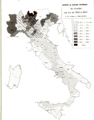 Cartogramma riguardante il numero dei giovani riformati per gozzo nelle Leve dal 1905 al 1914