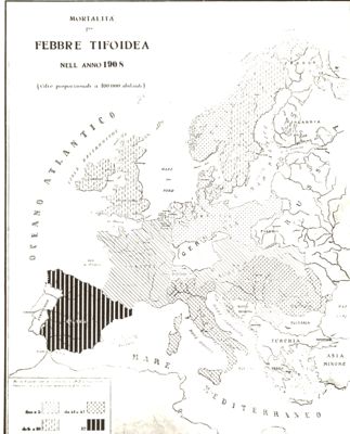 Carta d'Europa riguardante la mortalità per febbre tifoidea nell'anno 1908