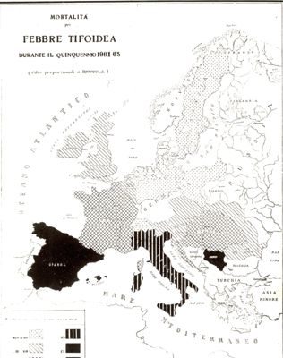 Carta d'Europa riguardante la mortalità per Febbre tifoidea durante il quinquennio 1901-05