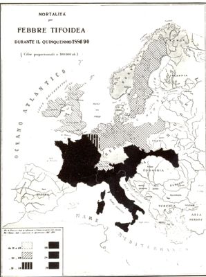 Carta d'Europa riguardante la mortalità per febbre tifoidea durante il quinquennio 1886-90