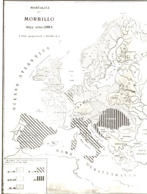 Carta d'Europa riguardante la mortalità per morbillo nell'anno 1908