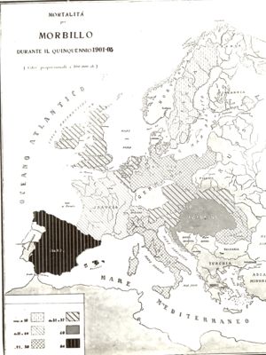 Carta d'Europa riguardante la mortalità per morbillo durante il quinquennio 1901-05