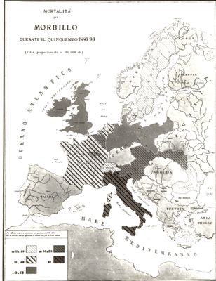 Carta d'Europa riguardante la mortalità di morbillo durante il quinquennio 1886-90