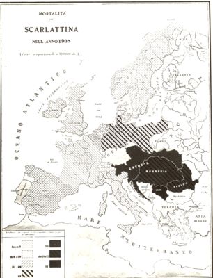 Carta d'Europa riguardante la mortalità per scarlattina nell'anno 1908