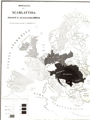 Carta d'Europa riguardante la mortalità per scarlattina durante il quinquennio 1901-05