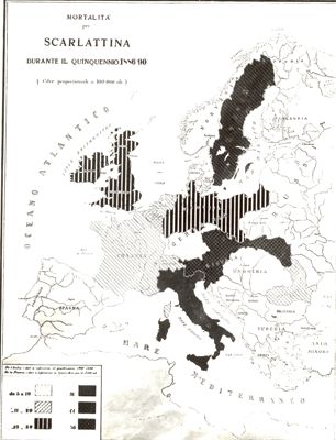 Carta d'Europa riguardante la mortalità per scarlattina nel quinquennio 1886-90