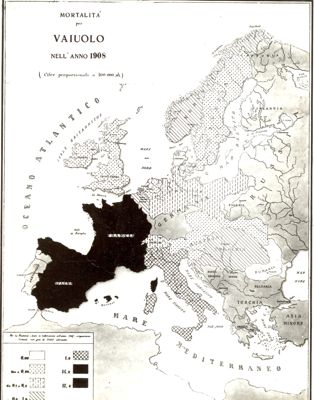 Carta d'Europa riguardante la mortalità per vaiolo nell'anno 1908