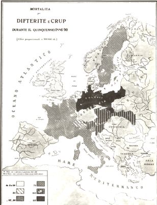 Carta d'Europa riguardante la mortalità per difterite e Crup nel quinquennio 1886-90