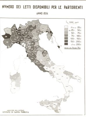 Cartogramma riguardante il numero dei letti disponibili per partorienti nell'anno 1934