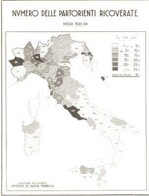Cartogramma riguardante il numero delle partorienti ricoverate. Media 1933-34