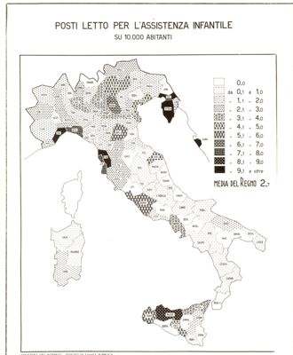 Cartogramma riguardante i posti letto per l'assistenza infantile al 31dicembre 1939