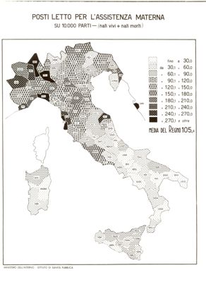 Cartogramma riguardante i posti letto per l'assistenza materna al 31 dicembre 1939