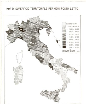 Cartogramma riguardante i Km quadrati di superfice territoriale per ogni posto letto al 31 dicembre 1939