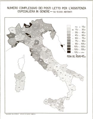 Cartogramma riguardante il numero complessivo dei posti letto per l'assistenza ospedaliera in genere al 31 dicembre 1939