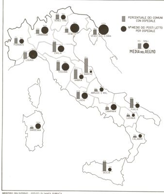 Cartogramma riguardante la percentuale dei comuni con ospedale ed il numero dei posti letto al 31 dicembre 1940