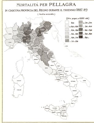 Cartogramma riguardante la mortalità per pellagra in ciascuna provincia del Regno durante il triennio 1887-89
