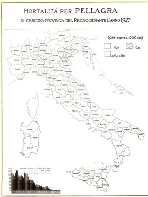 Cartogramma riguardante la mortalità per pellagra in ciascuna provincia del Regno durante l'anno 1927