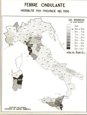 Cartogramma riguardante la febbre ondulante. Morbilità per province nel 1936.