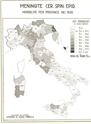 Cartogramma riguardante la meningite Cerebro Spinale Epidemiologica. Morbilità per province nel 1936.