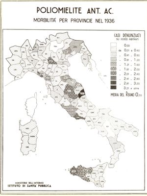 Cartogramma riguardante la poliomielite Ant. Ac. morbilità per province nel 1936