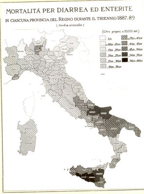 Cartogramma riguardante la mortalità per diarrea ed enterite in ciascuna provincia del Regno durante il triennio 1887-89