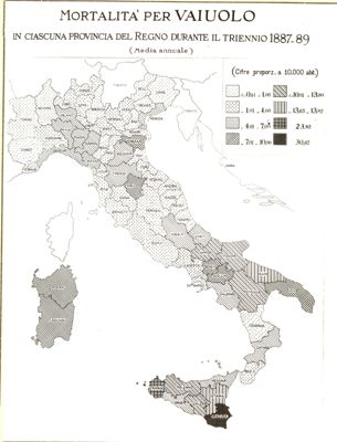 Cartogramma riguardante la mortalità per vaiolo in ciascuna provincia del Regno durante il triennio 1887-1889