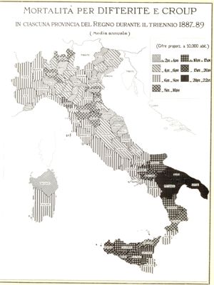 Cartogramma riguardante la mortalità per difterite e Croup in ciascuna provincia del Regno durante il triennio 1887-89