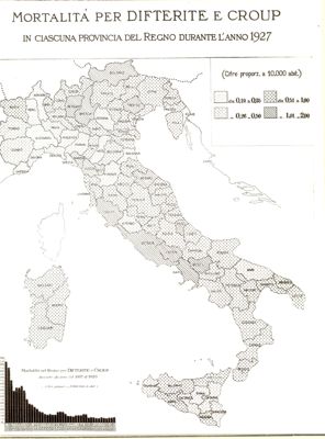 Cartogramma riguardante la mortalità per difterite e Croup in ciascuna provincia del Regno durante l'anno 1927