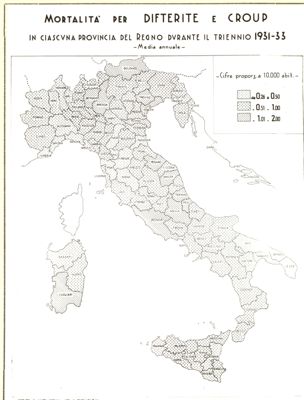 Cartogramma riguardante la mortalità per difterite e Croup in ciascuna provincia del Regno durante il triennio 1931-1933