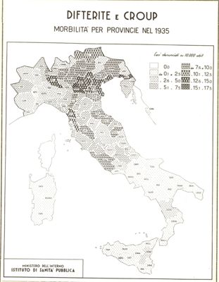 Cartogramma riguardante la difterite e Croup. Morbilità per province nel 1935