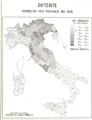 Cartogramma riguardante la morbilità per difterite nelle province nel 1936