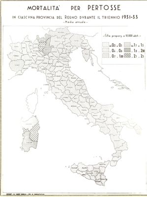 Cartogramma riguardante la mortalità per pertosse in ciascuna provincia del Regno durante il triennio 1931-33