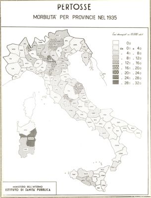 Cartogramma riguardante la morbilità per province nel 1935 per pertosse