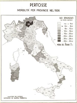 Cartogramma riguardante la morbilità per province durante l'anno 1936 per pertosse