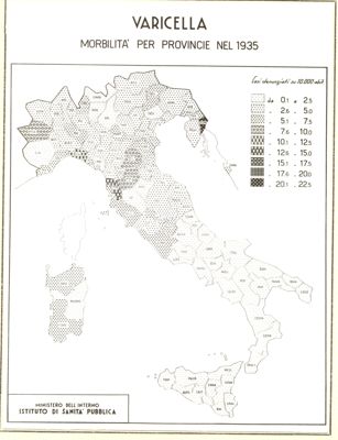 Cartogramma riguardante la morbilità per province nell'anno 1935 per varicella