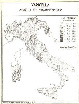 Cartogramma riguardante la morbilità per province nell'anno 1936 per varicella