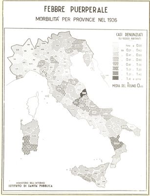 Cartogramma riguardante la morbilità per province durante l'anno 1936 per Febbre Puerperale
