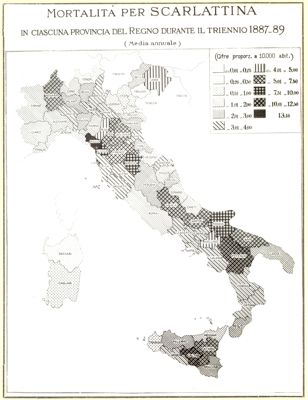 Cartogramma riguardante la mortalità per scarlattina in ciascuna provincia del Regno durante il triennio 1887-89