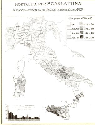 Cartogramma riguardante la mortalità per scarlattina in ciascuna provincia durante l'anno 1927
