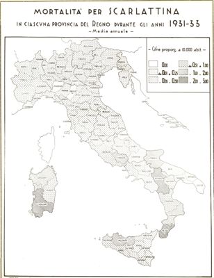 Cartogramma riguardante la mortalità per scarlattina in ciascuna provincia del Regno durante gli anni 1931-1933