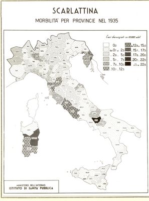 Cartogramma riguardante la morbilità per Province nell'anno 1935 per scarlattina