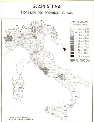 Cartogramma riguardante la morbilità per province nell'anno 1936 per scarlattina