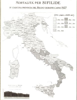 Cartogramma riguardante la mortalità per sifilide in ciascuna provincia del Regno durante l'anno 1927