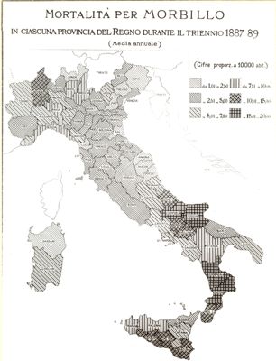 Cartogramma riguardante la mortalità per morbillo in ciascuna provincia del Regno durante il triennio 1887-1889