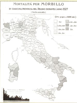 Cartogramma riguardante la mortalità per morbillo in ciascuna provincia del Regno durante l'anno 1927