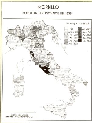 Cartogramma riguardante la mortalità per province nel 1935 per morbillo