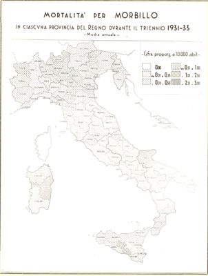 Cartogramma riguardante la mortalità per morbillo in ciascuna provincia del Regno durante il triennio 1931-1933