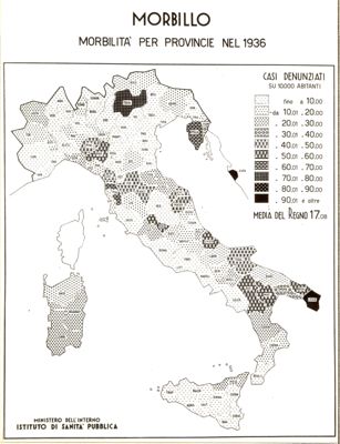 Cartogramma riguardante la morbilità per province nel 1936 per morbillo